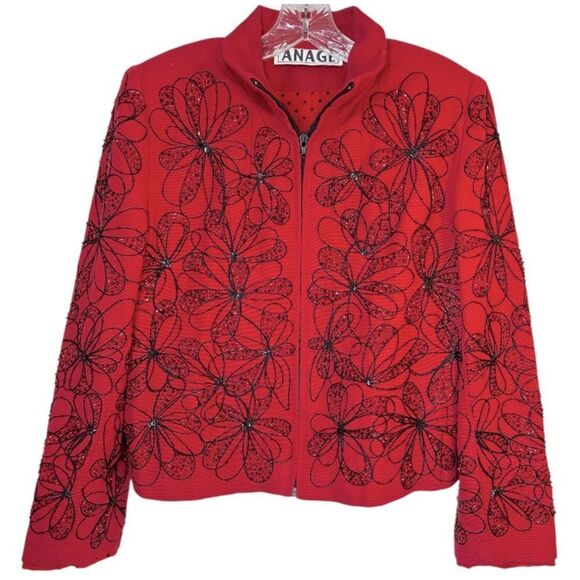 ANAGE WOMANS BLAZER SMALL BLACK RED COTTON ZIP EMBROIDERED BEADED JACKET COAT